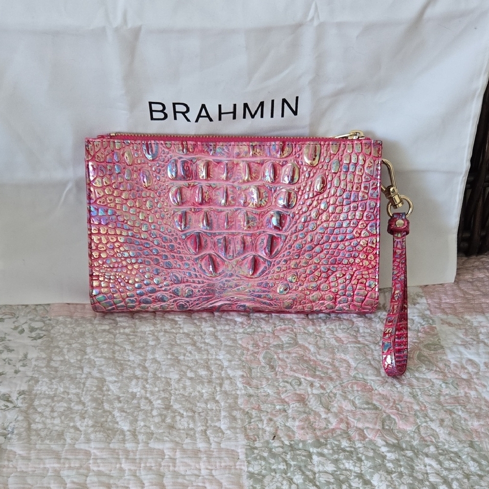 Brahmin Daisy Wristlet in Magenta Wonderland Melbourne Croc-Embossed Leather